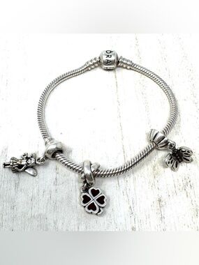 PANDORA 3 charm “whimsical” themed sterling silver bracelet